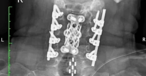 X-ray image showing spinal fusion surgery with metallic implants, including rods, screws, and a cage structure for stabilising the vertebrae. The hardware is positioned along both sides of the spine and in the centre to support the structure of the cervical vertebrae