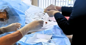La imagen muestra a un profesional de la salud preparando una inyección de células madre para un tratamiento de punción lumbar. La espalda del paciente está expuesta mientras el profesional sostiene la jeringa, listo para administrar la terapia regenerativa. El ambiente médico es sereno y estéril, subrayando la precisión y el cuidado requeridos en la aplicación de este tratamiento avanzado.