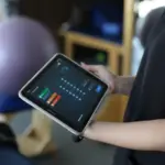 Mapping Specialist is seen programming an Epidural Stimulator on a Tablet, during a Physical Therapy session. The therapist holds the tablet in a room filled with physical therapy equipment including a purple yoga ball.